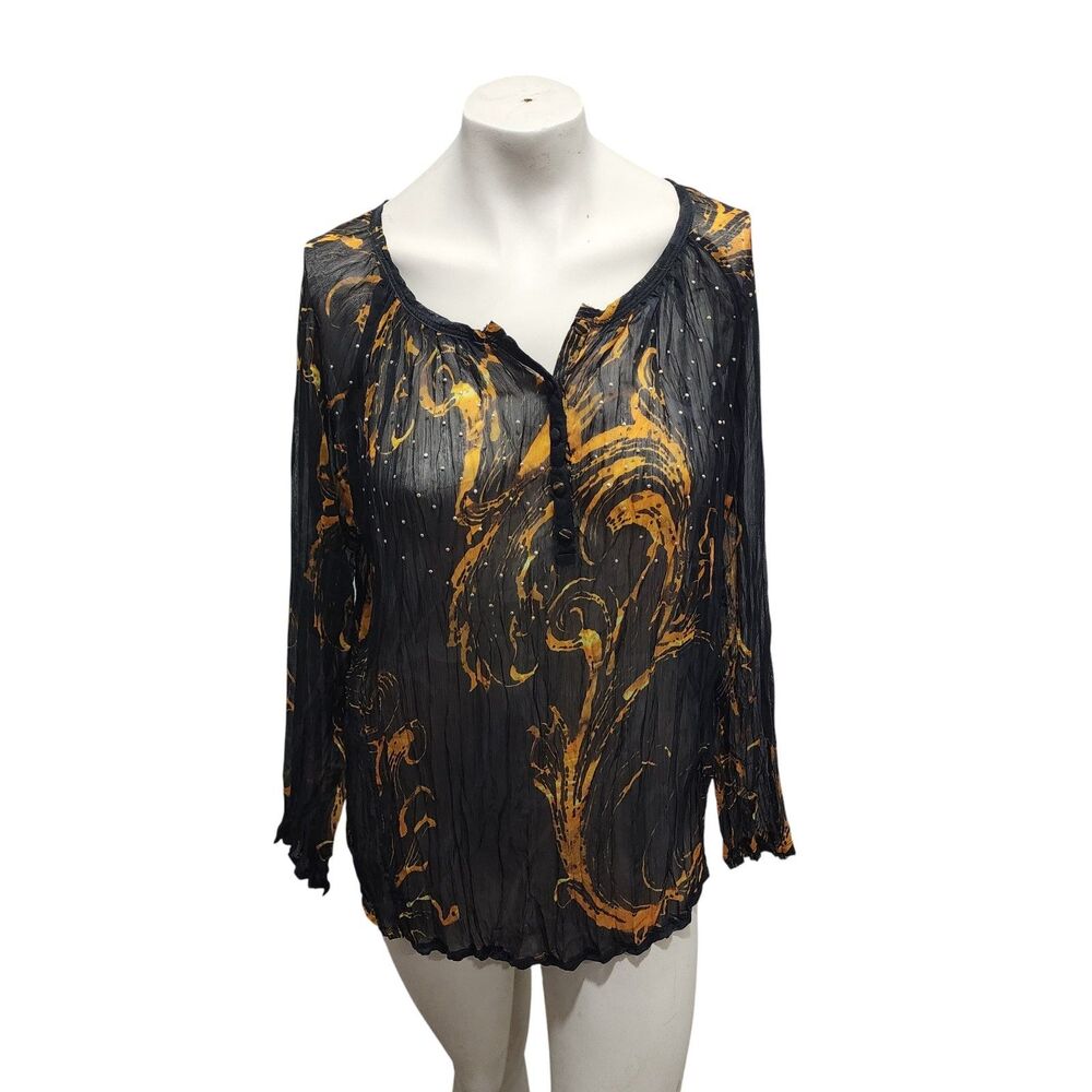 Alberto Makali Black Gold Sheer Crinkle Top Blouse Medium Artwear Witchy Whimsy - Picture 1 of 4